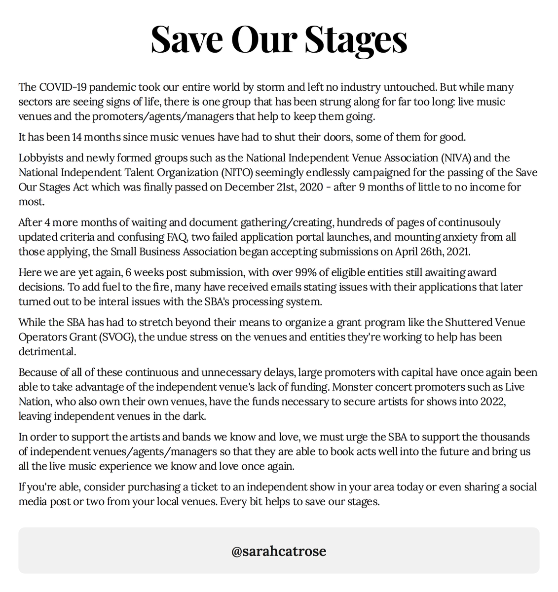 SarahCatRose's tweet photo. #ship30for30 Day 22: Save Our Stages

Yet another day with no Shuttered Venue Operators Grants awarded. 💔

The independent venues/promoters/agents/managers in the US (+beyond) need our support! 

Buy a ticket to a show in your area today if you can. Every little bit helps. 🎶 https://t.co/2CUxTqkffu