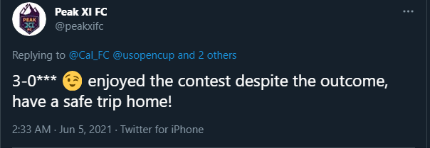 TheCup.us (US Open Cup news/history) (@usopencup) on Twitter photo .<a href="/USASARegion4/">USASA Region IV</a> Amateur Cup Semifinal Update:
<a href="/HarposFC/">Harpos FC</a> (CO) 0-0 (0:3 PKs) @CORushProDev (CO)
<a href="/peakxifc/">Peak XI FC</a> (CO) 0-3 <a href="/Cal_FC/">Cal Football Club</a> (CA)
Rush & Cal advance to the regional final on June 26 in a <a href="/USLLeagueTwo/">USL League Two</a> vs <a href="/UPSLsoccer/">UPSL</a> clash. The winner of that moves onto nationals. .<a href="/USASARegion4/">USASA Region IV</a> Amateur Cup Semifinal Update:
<a href="/HarposFC/">Harpos FC</a> (CO) 0-0 (0:3 PKs) @CORushProDev (CO)
<a href="/peakxifc/">Peak XI FC</a> (CO) 0-3 <a href="/Cal_FC/">Cal Football Club</a> (CA)
Rush & Cal advance to the regional final on June 26 in a <a href="/USLLeagueTwo/">USL League Two</a> vs <a href="/UPSLsoccer/">UPSL</a> clash. The winner of that moves onto nationals.