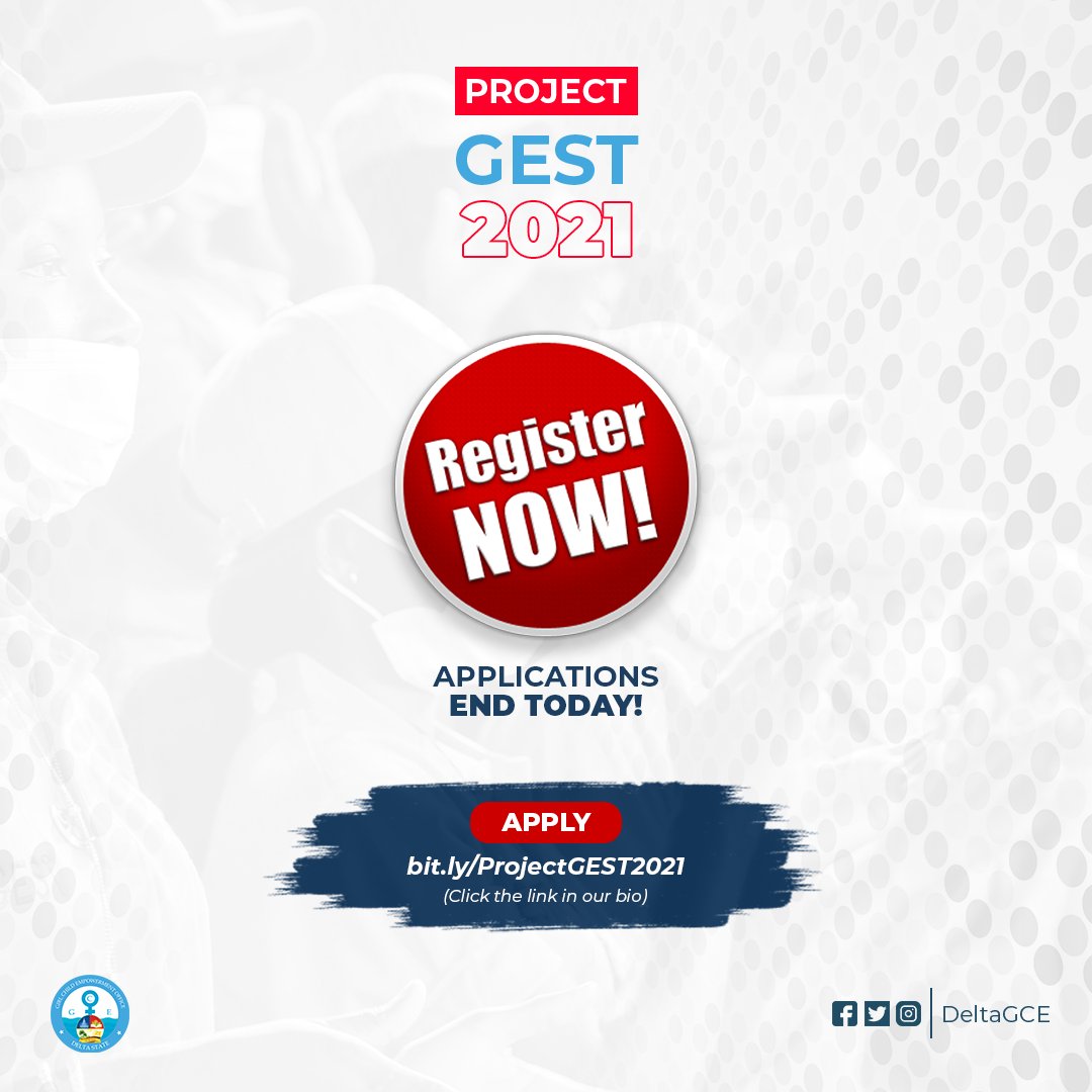 Deltahagcd's tweet photo. The #ProjectGEST2021 application closes today, at exactly 11:59 PM.
Register Now!
If you have registered let us know in the comments.
⠀
#DeltaGCE #ProjectGEST https://t.co/Rw9okliuzw
