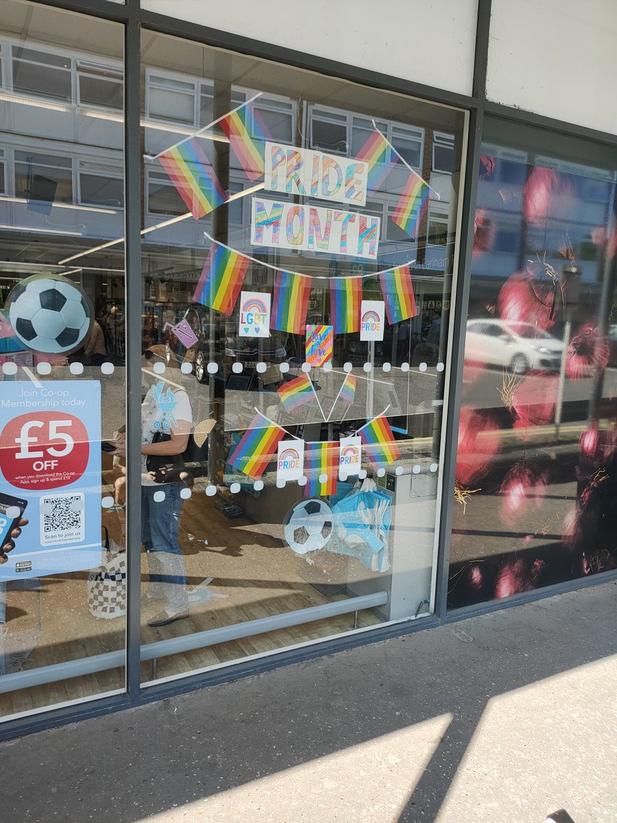 Holland2Chey's tweet photo. Earlham Road Coop starting pride month with a window display for our customers to enjoy! #coopradio so proud of the team and everything they do! https://t.co/rryIXg5p5i
