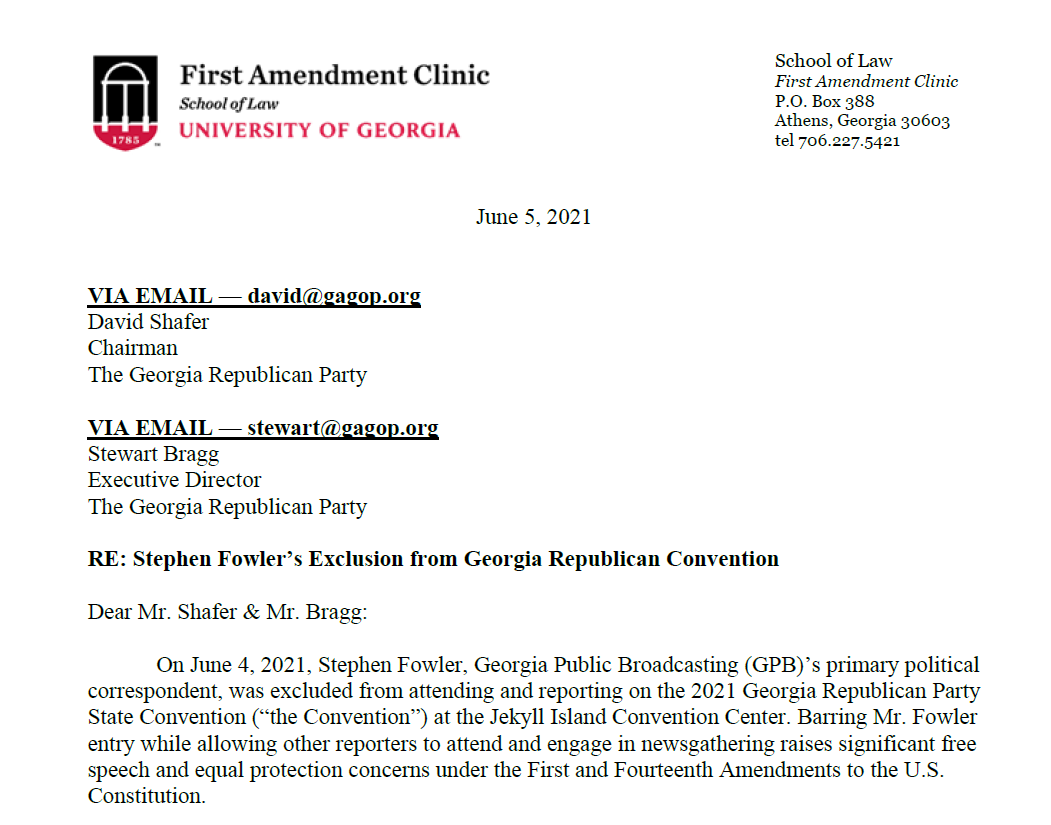 UGA1stAmClinic's tweet photo. Yesterday, @gpbnews political correspondent Stephen Fowler (@stphnfwlr) was excluded from entering the Georgia Republican Party Convention while other reporters were allowed entry. We sent the @GaRepublicans a letter demanding he receive equal treatment as his fellow reporters./1 https://t.co/1GULgd0ZAZ