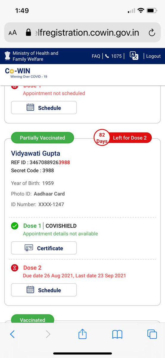 bindu10's tweet photo. This registration is wrongly done on my mobile number and I have their 1st dose certificate as well (Lucknow). She cant register for 2nd dose on other number. Please connect me to the vaccine centre to get details.
@mybmc please help as I am not able to contact lucknow team. https://t.co/c1F3IZantw