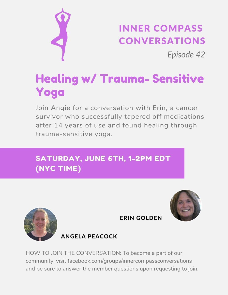 angpeacock1111's tweet photo. Join @_innercompass and I today at 1 pm EDT, with @goldenerin, a cancer survivor he is using #traumasensitiveyoga during her healing journey.
Join us by following this link and answering all 3 questions to be approved: https://t.co/D1YXw2gJwn
#deprescribing #psychtwitter https://t.co/l1CZOkRuft