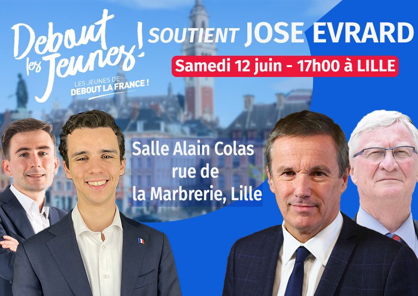 🗓 Retrouvez-nous samedi à #Lille en présence de <a href="/dupontaignan/">N. Dupont-Aignan</a> et @DlfMarian pour soutenir @Joseevrard62 ! On compte sur vous !! 😉🇫🇷