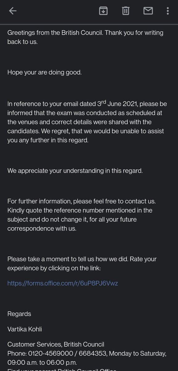 ca08080's tweet photo. @BritishCouncil @inBritish This is what i got from British council india, they are saying my venue is just technical glitch then my results also might be a technical glitch. Now question is can we trust on website data? Or can we trust British council india? Because this is about our future and about trust https://t.co/Ka6KV9VQ54