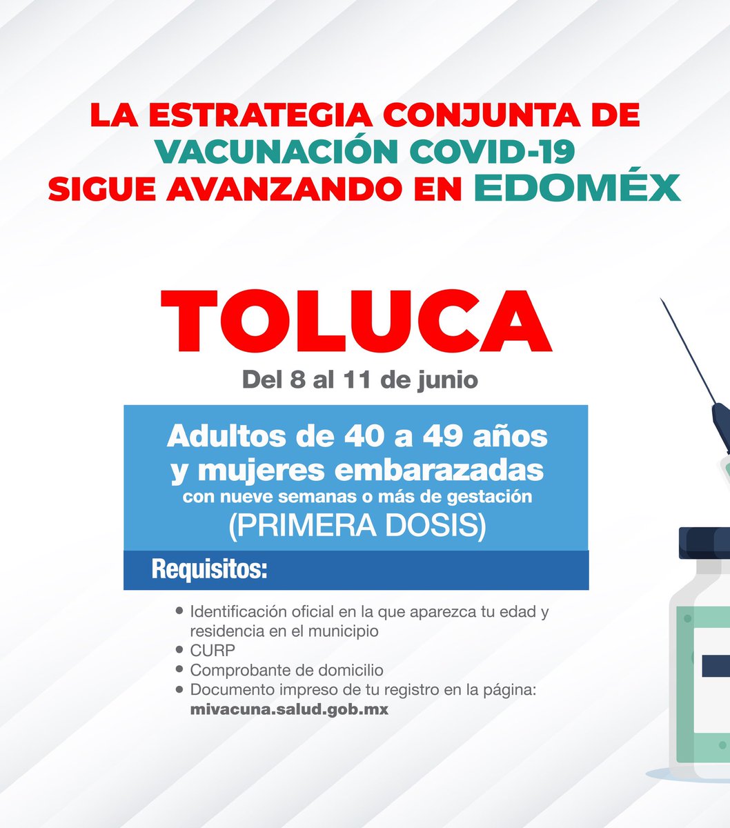 alfredodelmazo's tweet photo. Del 8 al 11 de junio estaremos aplicando la primera dosis a los adultos de 40 a 49 años y mujeres embarazadas en #Toluca. #EstrategiaDeVacunación https://t.co/V6zO3Khzzx