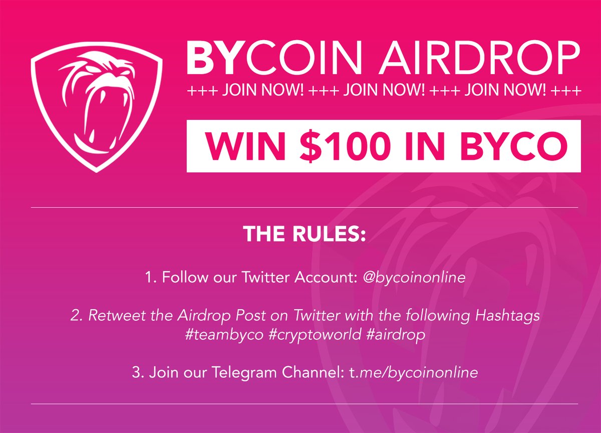 bycoinonline's tweet photo. ๐ฆBYCOIN - AIRDROP
To celebrate the 200 Holders we will have our first airdrop! You can win $100 in $BYCO
The rules:
- Follow us on Twitter
- Retweet this Post with the Hashtags:
#teambyco #cryptoworld #airdrop
- Join our Telegram: https://t.co/QwwW4VN3Vz
Good luck! ๐๐ฆ https://t.co/ZKDwwqpbC5