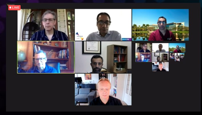MiamiSpectrum's tweet photo. Happening Now: #SPECTRUMVIRTUAL mCRC Tumor Board. Moderator: Daniel Brown, M.D. Panelists: Drs. Ripal Gandhi, @PeterHoseinMD Farah Irani, Adeel Kaiser, @dcmadoff and Martijn R. Meijerink https://t.co/A4PfLziVER