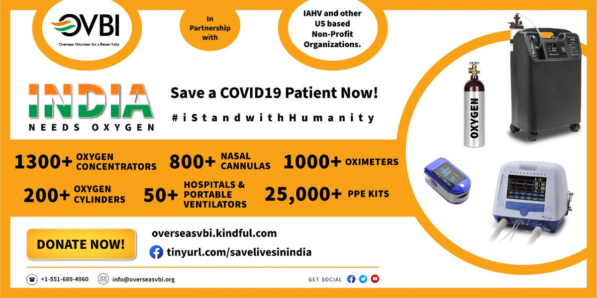 India is facing a war-like emergency due to a new Covid strain and OVBI &amp; @iahv are stepping up relief efforts by providing necessary equipment to the needy. Any donation is greatly appreciated. tinyurl.com/savelivesinind…

#indiafightscovid19 #indianeedsoxygen #CovidReliefForIndia