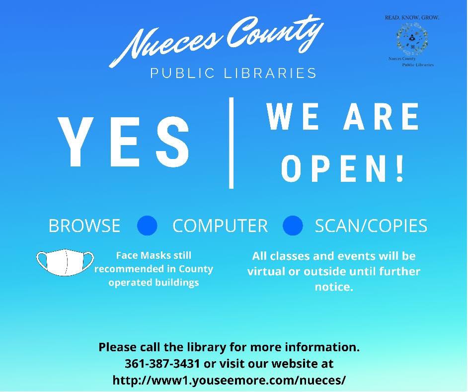 NuecesLibraries's tweet photo. YES, We are open! New hours and no more reservations to come to the library. 
New hours are: 
Monday - Thursday: 9:30am - 6:30pm
Friday and Saturday: 9:30am - 2:30pm
Curbside service is available upon request
All classes and events will be virtual or outside until further notice. https://t.co/ByHgKxQzOC