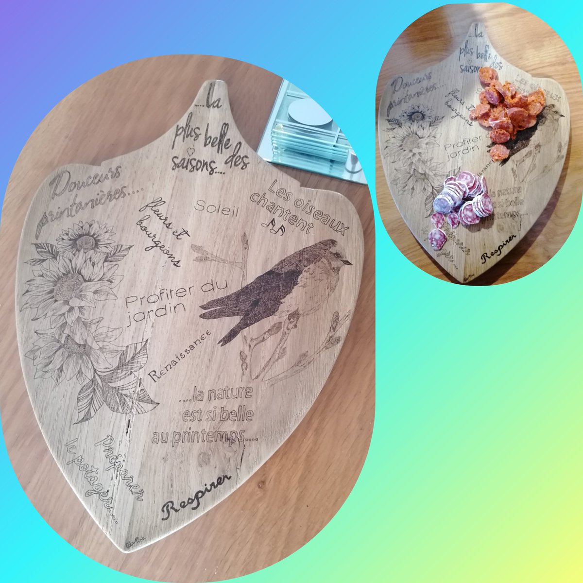 CreaPyrogravure's tweet image. #plateau #tapas #fromage #charcuterie #apero #convivialité #partage #oiseau #fleurs #printemps #pyrogravure #nature #jardin #bourgeon #douceur #supportbois #créationartisanale