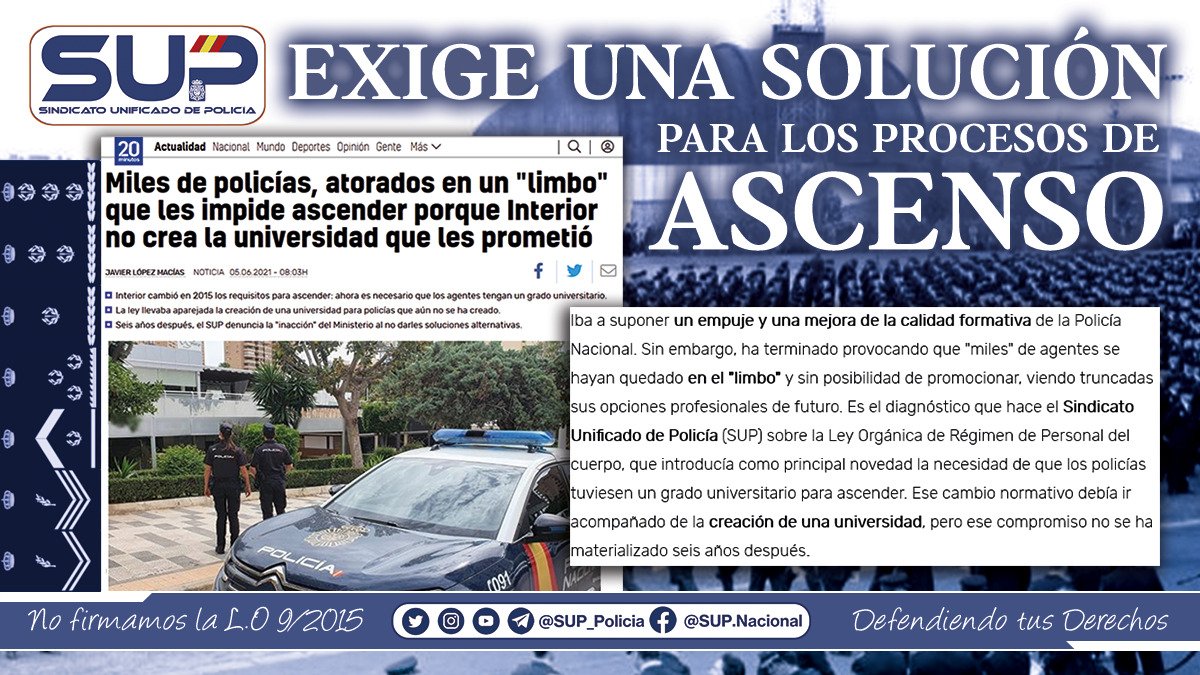 Sup_Policia's tweet image. 💪El @Sup_Policia exige una solución inmediata para los #ProcesosSelectivos de #Ascenso para los #PolicíasNacionales
😡La @info_dgp ha incumplido lo pactado sobre #ComplementosFormativos y #UniversidadDePolicía
@20m ⤵️
20minutos.es/noticia/471940…