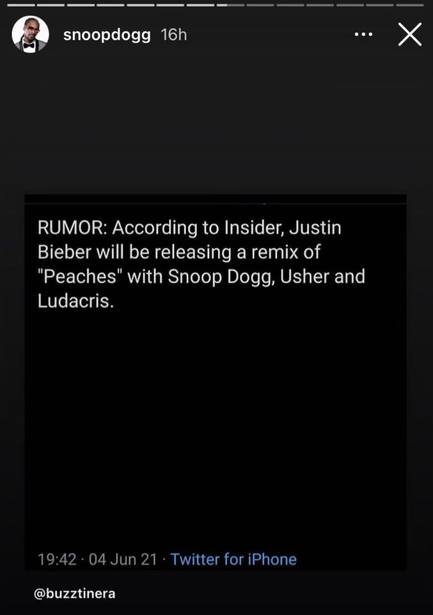 TeamJustinAR's tweet photo. سنوب دوغ يقتبس لمنشور على انستغرام مكتوب فيه أنها يوجد إشاعة تقول إن جاستن بيبر سيصدر ريمكس لاغنية #Peaches  بمشاركة سنوب دوغ و Usher و Ludacris https://t.co/VQ4sJtlBcI