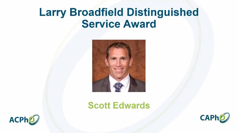 CAPhO_ACPhO's tweet photo. We are very pleased to award the Larry Broadfield Distinguished Service Award to Scott Edwards #CAPhOVirtual https://t.co/kGLsAhl1i4