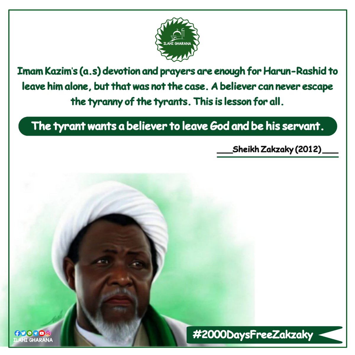 aliabids's tweet photo. Sheikh Zakzaky was needlessly shot severally before arrested by @HQNigerianArmy. His treatment since then has been shrouded in secrecy, and perhaps also sub optimal considering that they wanted him dead  anyway.

#2000DaysFreeZakzaky https://t.co/1mPIXppWqW