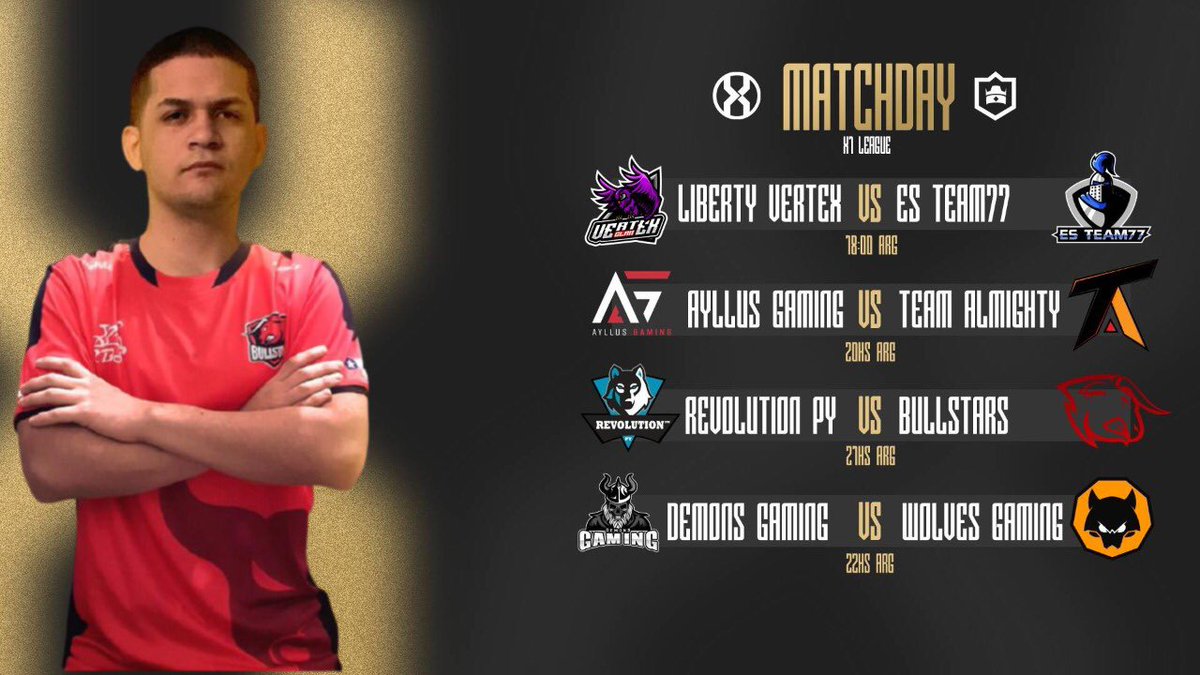 X1 League (@x1league) on Twitter photo #CR | ¡MatchDay!🔥
Finalizamos la semana de la mejor manera, tendremos estos grandes enfrentamientos🤩
⚔️| <a href="/Vertex_Lv/">Liberty Vertex Esports</a> 🆚 <a href="/EsTeam77/">Es Team77</a>
⚔️| <a href="/AyllusGaming/">Ayllus Gaming</a> 🆚 <a href="/TAlmightyGG/">𝕋𝕖𝕒𝕞 𝔸𝕝𝕞𝕚𝕘𝕙𝕥𝕪⚔️🛡️ 🧡</a>
⚔️| <a href="/RevolutionPy/">Revolution™ PY</a> 🆚 <a href="/BullStars_/">𝗕𝘂𝗹𝗹𝗦𝘁𝗮𝗿𝘀™</a>
⚔️| <a href="/Demons_GamingGG/">Demons Gaming</a> 🆚 @Wolves_GamingGG
#X1League #CR | ¡MatchDay!🔥
Finalizamos la semana de la mejor manera, tendremos estos grandes enfrentamientos🤩
⚔️| <a href="/Vertex_Lv/">Liberty Vertex Esports</a> 🆚 <a href="/EsTeam77/">Es Team77</a>
⚔️| <a href="/AyllusGaming/">Ayllus Gaming</a> 🆚 <a href="/TAlmightyGG/">𝕋𝕖𝕒𝕞 𝔸𝕝𝕞𝕚𝕘𝕙𝕥𝕪⚔️🛡️ 🧡</a>
⚔️| <a href="/RevolutionPy/">Revolution™ PY</a> 🆚 <a href="/BullStars_/">𝗕𝘂𝗹𝗹𝗦𝘁𝗮𝗿𝘀™</a>
⚔️| <a href="/Demons_GamingGG/">Demons Gaming</a> 🆚 @Wolves_GamingGG
#X1League