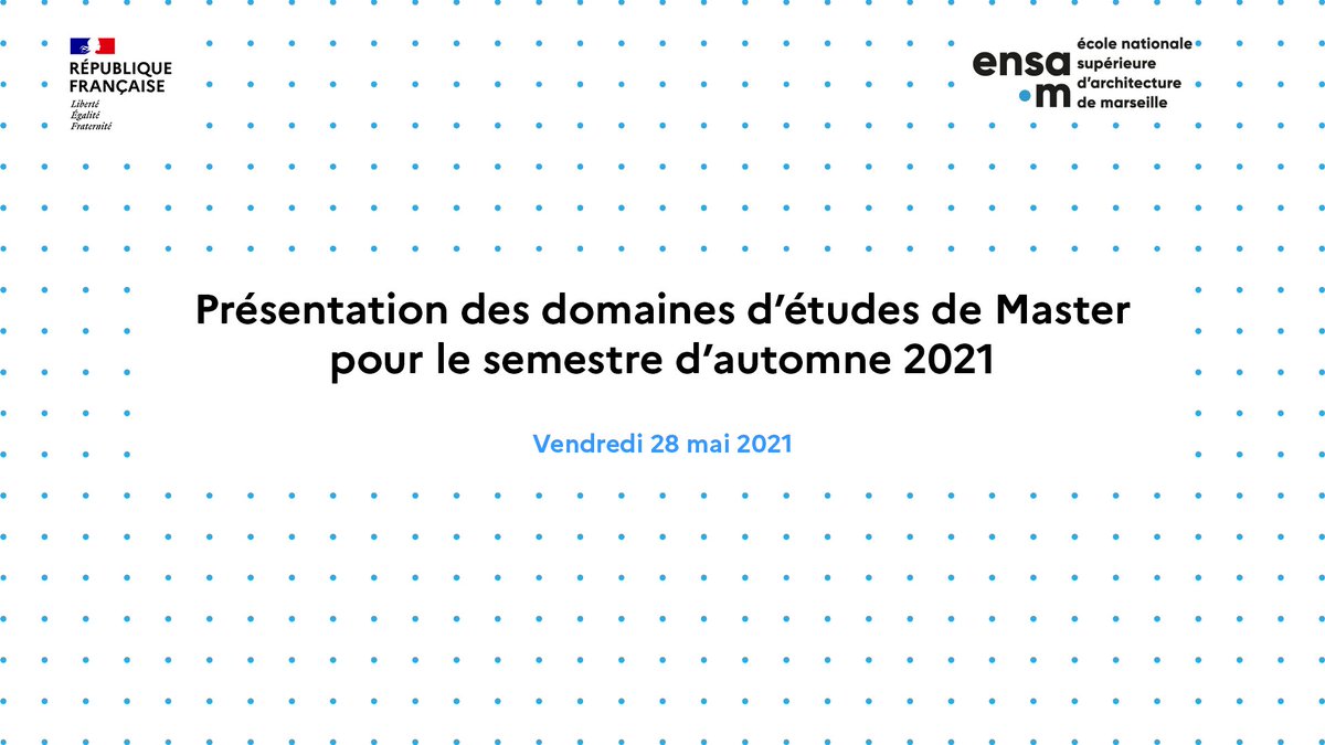 Retrouvez la présentation des domaines d'études de Master pour le semestre d'automne 2021-2022, ainsi que la présentation du parcours recherche. soit sur la playlist YouTube dédiée : youtube.com/playlist?list=… 
Soit sur la page Master du site de l'école : marseille.archi.fr/enseignements/…