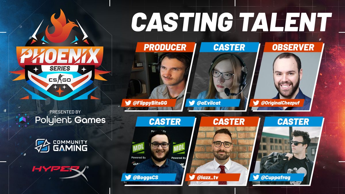 CommunityGaming's tweet photo. ✨We will be live soon with the first round of the CS:GO $5000 Phoenix Series Presented By @PolyientGames✨

🔥Our wonderful production team for the weekend🔥

🖱@FlippyBitsGG 
📺@OriginalChezpuf 
🎙@aEvilcat 
🎙@lazz_tv 
🎙@BoggsCS 
🎙@Cuppafrag 

🔴https://t.co/EqBrsSdx4r https://t.co/TS7dhT1iCW