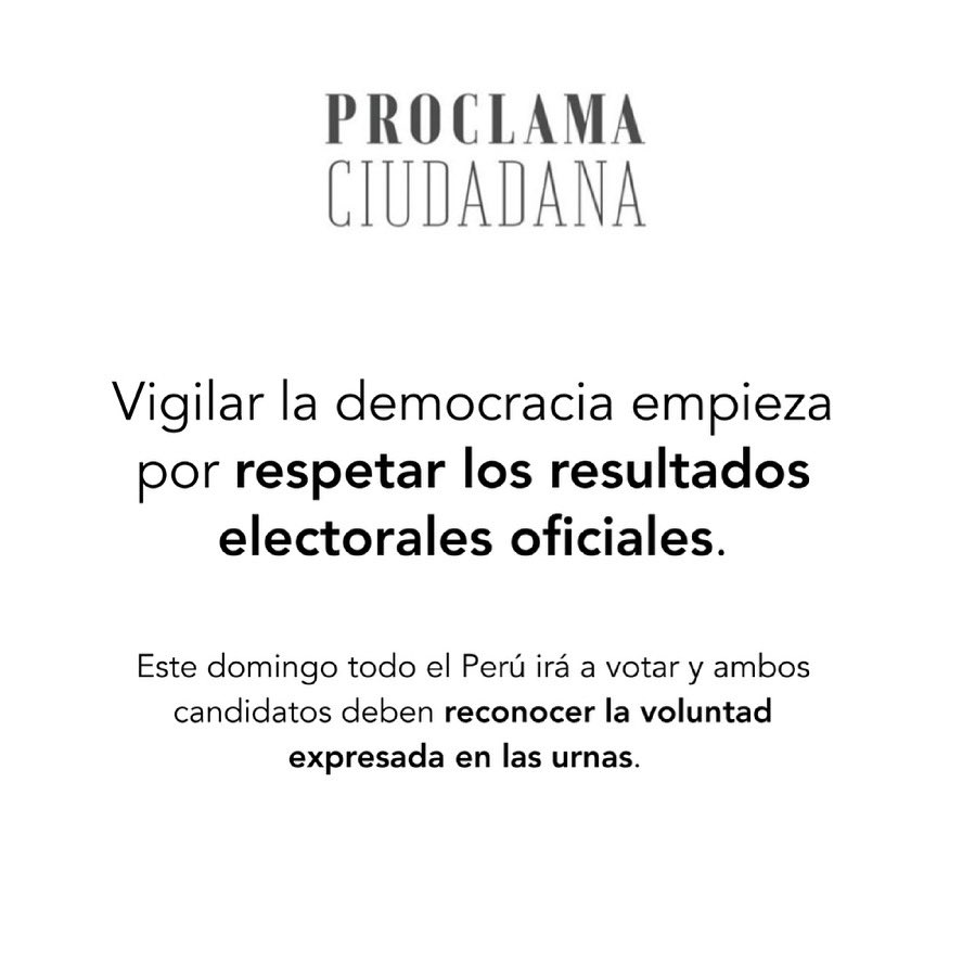 El Perú saldrá a votar este domingo y a todos, candidatos, partidos, medios de comunicación y ciudadanos nos tocará reconocer su voluntad expresada en las urnas.  

El primer paso para cuidar la democracia es respetar el proceso electoral y sus resultados 🇵🇪.