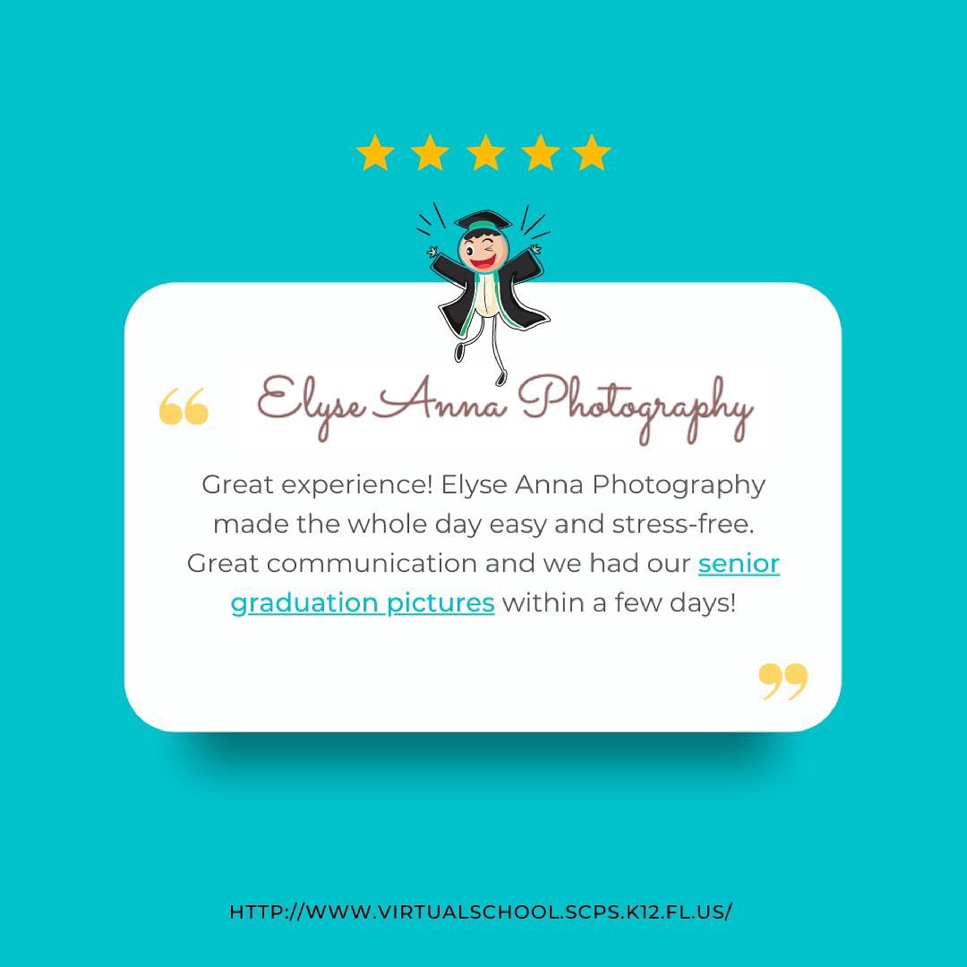 Our Graduation was a great experience! A big thank you to Elyse Anna Photography!  Elyse donated her time to provide graduation pictures of our seniors at no charge! She made the whole day easy and stress-free. We had our senior graduation pictures in a few days!