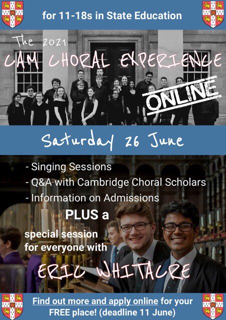 Jesus College Choir (@jescollchoir) on Twitter photo Ever thought about singing in a Cambridge choir? Worried that it might not be right for you?
Why not try it out for yourself?
If youāre 11-18 in state school education, sign up for the free Cam Choral Experience here:
docs.google.com/forms/u/3/d/1Aā¦
More info:
undergraduate.study.cam.ac.uk/finance/music-⦠Ever thought about singing in a Cambridge choir? Worried that it might not be right for you?
Why not try it out for yourself?
If youāre 11-18 in state school education, sign up for the free Cam Choral Experience here:
docs.google.com/forms/u/3/d/1Aā¦
More info:
undergraduate.study.cam.ac.uk/finance/music-ā¦