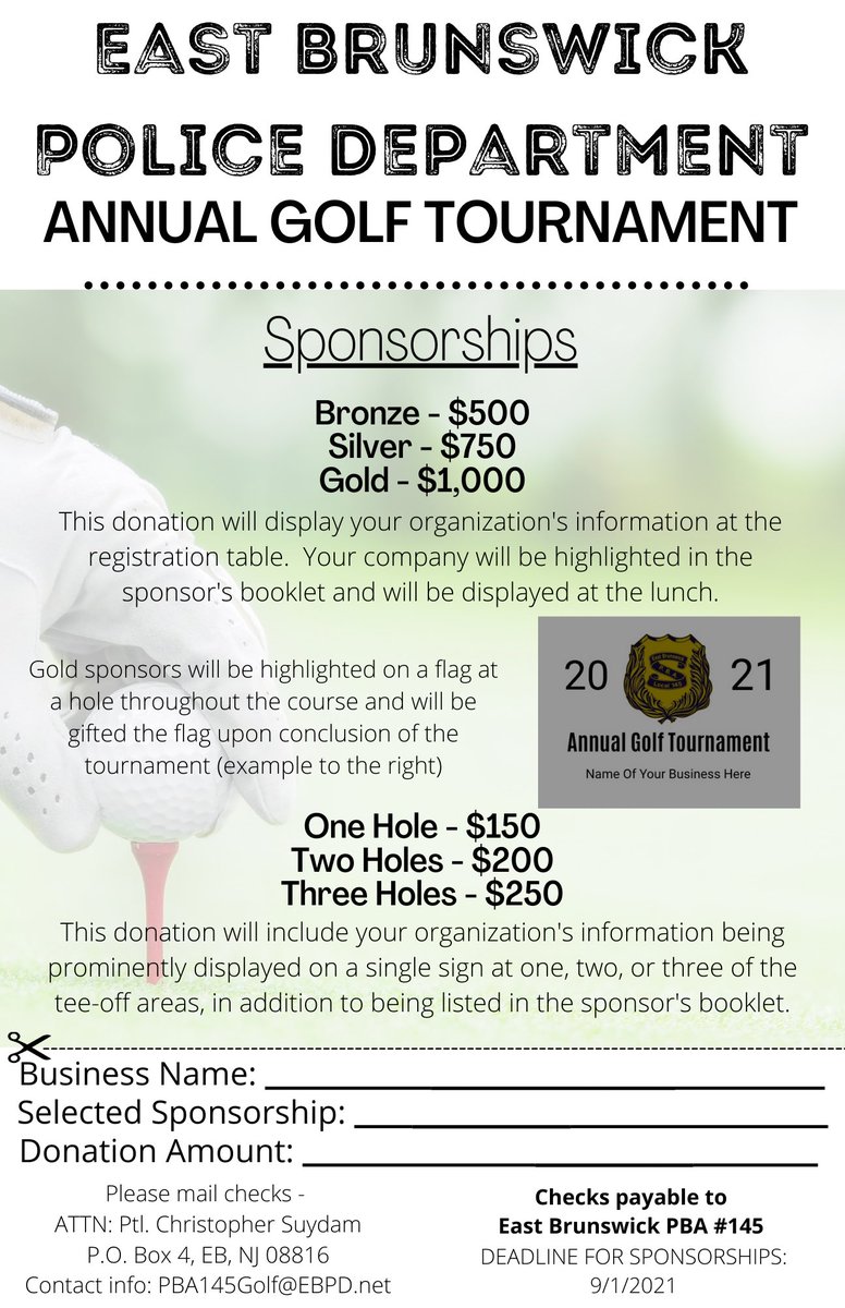 On behalf of the East Brunswick PBA Local 145 members, it is our pleasure to invite you to participate and/or become a sponsor of our Annual Golf Outing, held at Pebble Creek Golf Club on September 13 2021.

facebook.com/10433732390648…