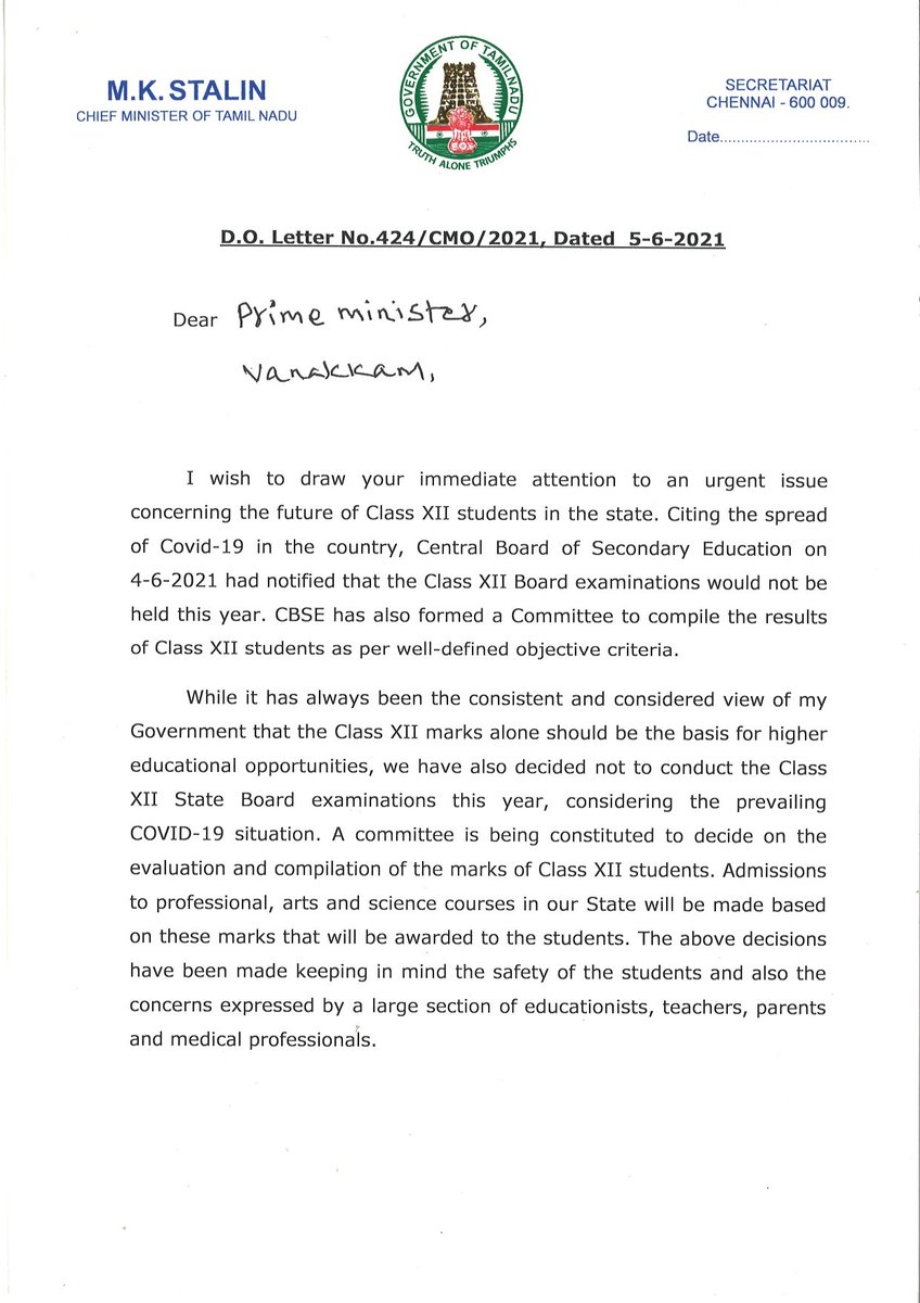 mkstalin's tweet photo. I've written to @PMOIndia urging him to cancel the conduct of NEET and all other national level entrance exams, keeping in mind the safety of the students, as the reasons for cancelling the class XII board exams are equally applicable to entrance exams as well. https://t.co/It2ngW55r2