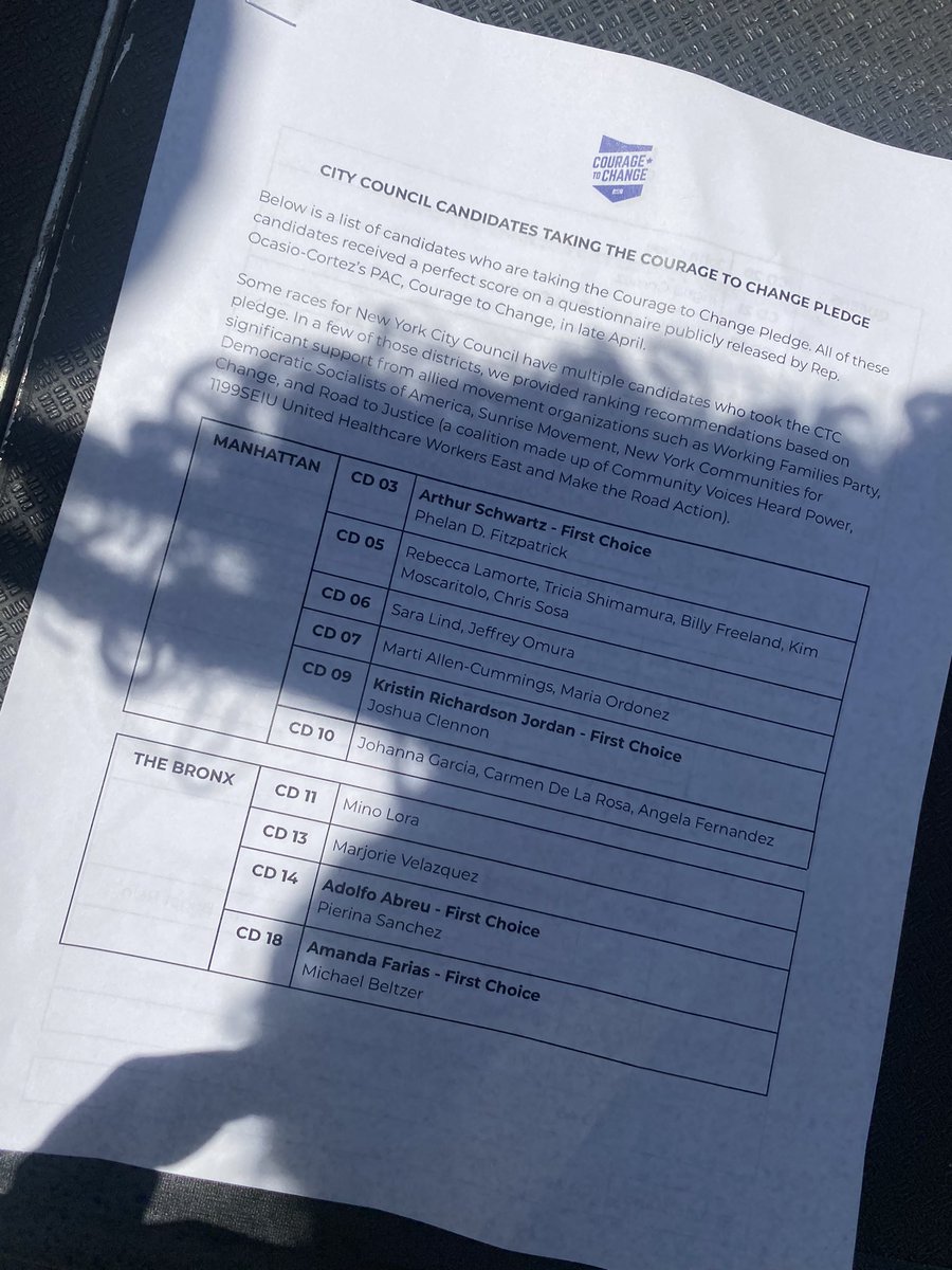 GloriaPazmino's tweet image. Here’s the list of @NYCCouncil candidates that @AOC is endorsing today. 60 in total, and yes there’s only 51 seats. The endorsements include ranked options across all 5 boroughs. All candidates have taken the “Courage to Change” pledge:
