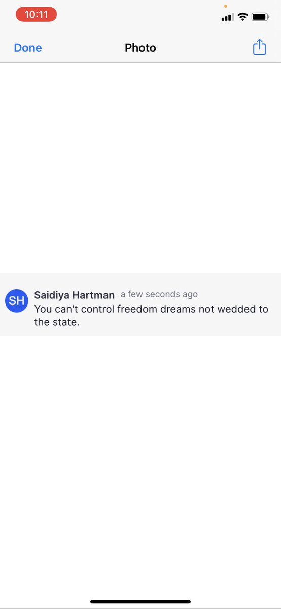 A visual of a chat comment of Saidiya Hartman saying, “You can’t control freedom dreams not wedded to the state” at #BlackFeministCanon during session I with Joy James.