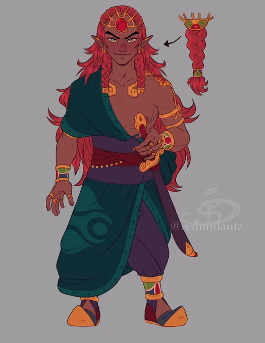 Ganondorf! 💪
Prince of the Gerudo. His mother is the queen, and the champion of Vah Naboris. He only wants whats best for his people and Hyrule. He thinks the king is letting it fall to ruin.
Malice from past Ganons escapes its containment and seeks him out and corrupts him. 
