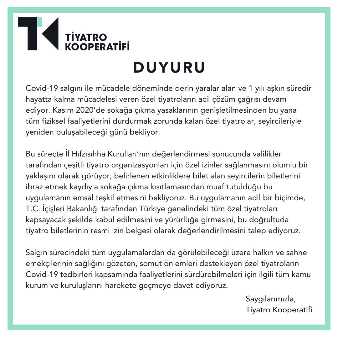 Sahnelerde kavuşabilmek için aramızdaki saat engelini kaldıralım! Ülke genelinde özel tiyatroları da kapsayacak bir uygulamayla tiyatro biletlerinin resmi izin belgesi olarak değerlendirilmesini talep ediyoruz. #BiletimİznimOlsun #SahnelerdeBuluşalım @TC_icisleri @TCKulturTurizm