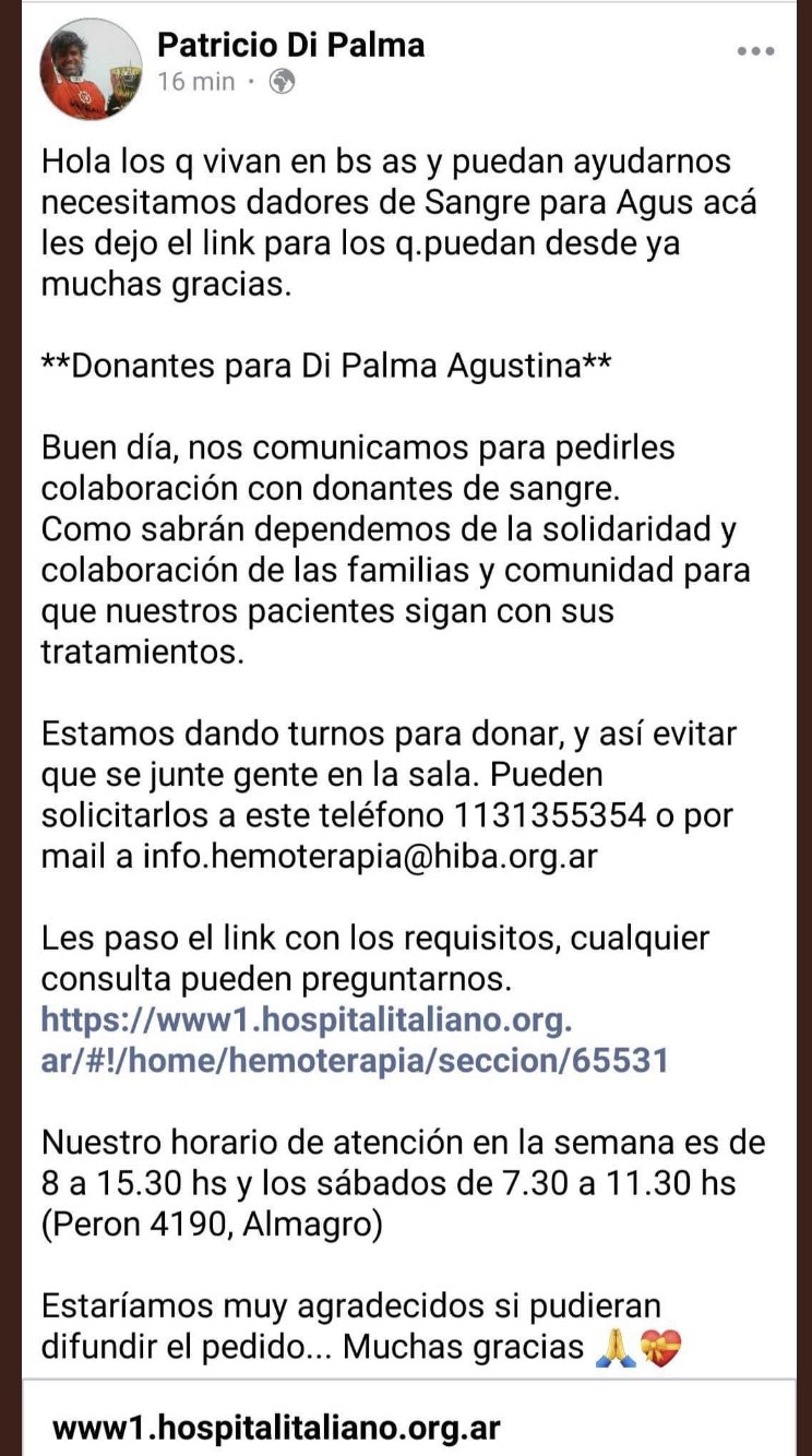 Luciano Kinder On Twitter Atencion Se Necesitan Dadores De Sangre Para Agustina Di Palma Aqui Datos Y Contacto Que Patricio Di Palma Publico En Fb Se Agradece Difusion Https T Co Wxt2cdzrry Twitter