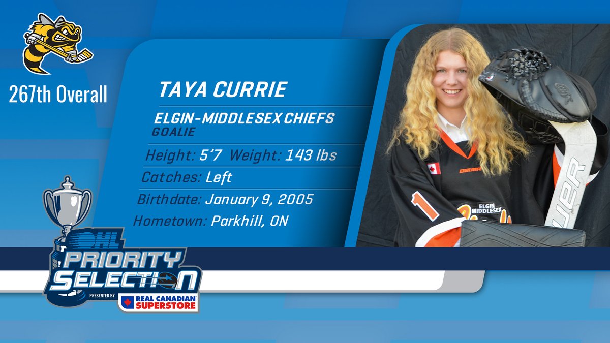 OHLHockey's tweet image. #OHLDraft history! 👏

Congrats to goaltender Taya Currie of @ALLIANCE_Hockey's @EMCChiefs, the first female ever chosen in the Priority Selection, joining @StingHockey at 267th overall: bit.ly/3wLe7Nn