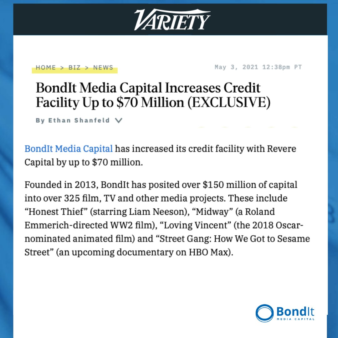 Bondit_film's tweet photo. We’re so excited to announce BondIt Media Capital’s increase in credit facility now up to $70 Million. Thanks #Variety for the #Shoutout !

#BondItMediaCapital #BondIt #MediaFinancing #FilmFinance #CreditFacility #VarietyArticle #EntertainmentNews #Finance #MediaFunding https://t.co/2NMbK3wKFg