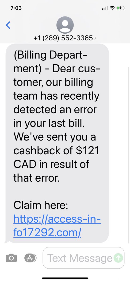 Hey #Barrie take a look at this text message-it’s a fake and it is fraudulent. NEVER CLICK ON ANY LINK THAT YOU ARE NOT 💯 % SURE OF! Fraud is preventable - 4 people known to #BPS Corporate Communications just got it and there were 4 different cashback amounts. Please be careful!