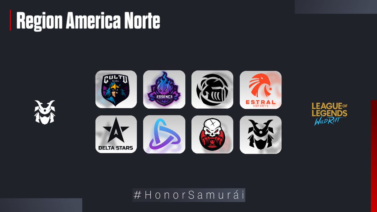 🔴 Presentamos a los 8 Equipos que conformaran la Primera Edición de #WildRift.  

10 días del mejor competitivo de la Región Norte ⚔️.

¿Que casters deberían acompañarnos? 🤔

Coméntanos ⬇️ #HonorSamurai ⛩️
