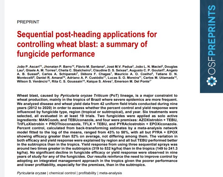 João Paulo Ascari (@joao_p_ascari) on Twitter photo Check it out... Our new PREPRINT.
A meta-analysis using fungicides to control #wheatblast in Brazil.
osf.io/ksx5c/
Thank you all members of Cooperative trials of wheat. Wheat blast team.
<a href="/jhonatan_barro/">Jhonatan Paulo Barro</a>
<a href="/edelponte/">Emerson Del Ponte</a>
<a href="/AlvesKS_/">Kaique Alves</a>
<a href="/ufvplantpath/">UFVPlantPathology</a>
<a href="/OpenPlantPath/">Open Plant Pathology</a> Check it out... Our new PREPRINT.
A meta-analysis using fungicides to control #wheatblast in Brazil.
osf.io/ksx5c/
Thank you all members of Cooperative trials of wheat. Wheat blast team.
<a href="/jhonatan_barro/">Jhonatan Paulo Barro</a>
<a href="/edelponte/">Emerson Del Ponte</a>
<a href="/AlvesKS_/">Kaique Alves</a>
<a href="/ufvplantpath/">UFVPlantPathology</a>
<a href="/OpenPlantPath/">Open Plant Pathology</a>