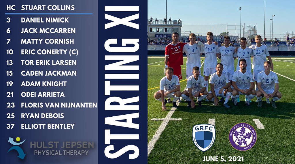 GRFC Starting XI on the road vs <a href="/oaklandcountyfc/">Oakland County FC</a> - brought to you by <a href="/hulstjepsenpt/">Hulst Jepsen Physical Therapy</a> 👊🏼 Watch the livestream here —-> youtu.be/T_oOLgjE63o