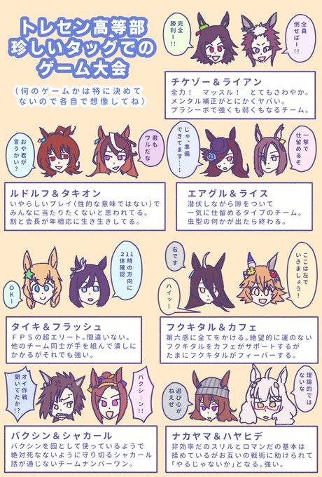 【トレセン珍しいタッグでのゲーム大会(高等部編)】
普段組まない2人が協力して戦うことで現れる組み合わせの個性が見たい。
#ウマ娘 #ウマ娘プリティーダービー 