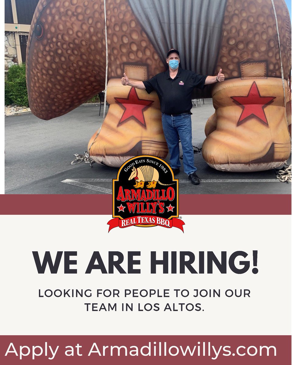 Our Los Altos location is looking for bartenders, cooks, and service hosts! Apply today at Armadillowillys.com. Click on “careers” at the bottom of the page.