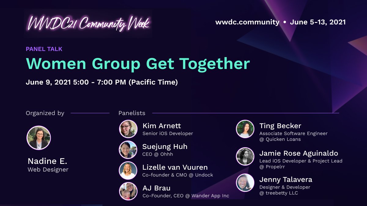 WWDCCommunity's tweet photo. Women Group Get Together is happening on June 9! 
Learn from these women in tech as they share their experiences at the get together! 😊

🙌@kaydacode @Teekachu1 @ohheyjmie @suejunghuh @jennytaly @heylizelle AJ Brau 

🥳@NadineCodes 

RSVP: https://t.co/KHURDCFmdR https://t.co/3S20G1RL3n