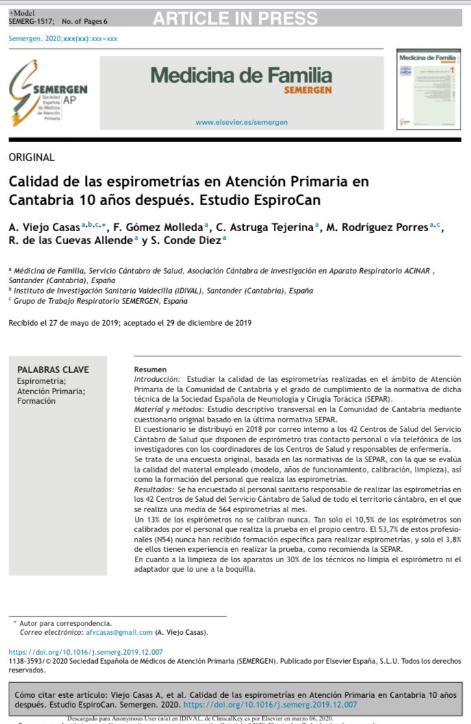 A pesar de disponer #espirómetro, se sigue observado un deficiente uso y falta de formación. Por tanto: 👇🏻👇🏻 1️⃣escaso diagnóstico y seguimiento 
2️⃣Se necesita ➕esfuerzo de las Gerencias de AP para potenciar la #espirometria.