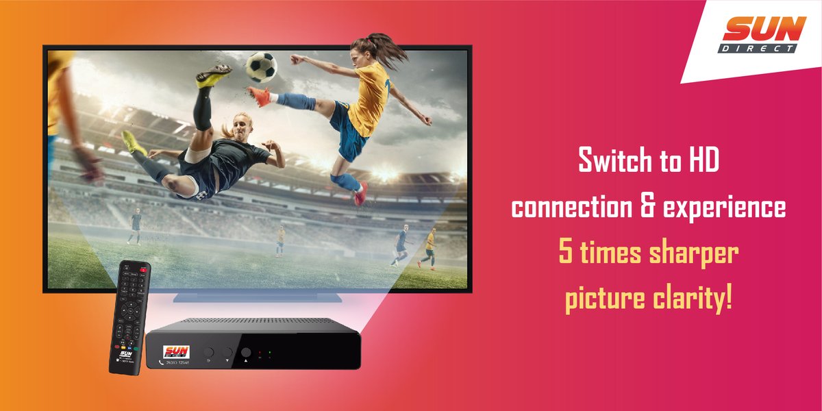 SUNDIRECTIndia's tweet photo. Give your TV viewing experience a 5 times sharper picture clarity with DTH HD Connection.
Upgrade your DTH HD Connection set top box today -
https://t.co/Xn4BToVn8q.
.
.
#SunDirect #SunDirectService #Hdconnection #SunDirectApp #DTHrecharge #DTHServices https://t.co/dNKKwv55Yc