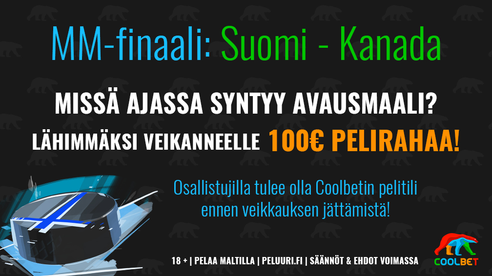 COOLBET-SKABA!

Suomi taistelee illalla maailmanmestaruudesta Kanadaa vastaan!

Veikkaa MM-finaalin avausmaalin syntyaika ja voita 100€ pelirahaa!

Ehdot: RT + Seuraa

#Leijonat #mmkisat