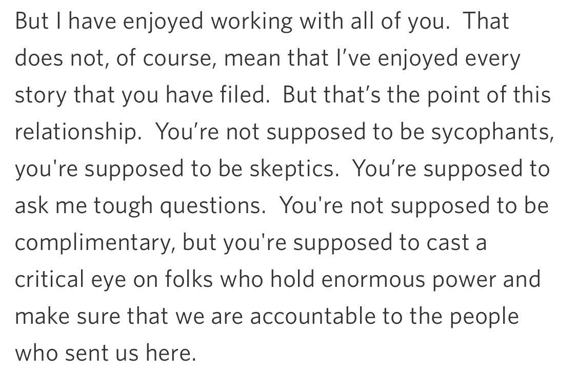 QuakerPete's tweet image. The British Press could learn a lot from the final press conference of Barack Obama

"You're not supposed to be sycophants . . ."
"You're supposed to ask me tough questions . . ."
"You're supposed to cast a critical eye on folks who hold enormous power . . ."

#IfOnly