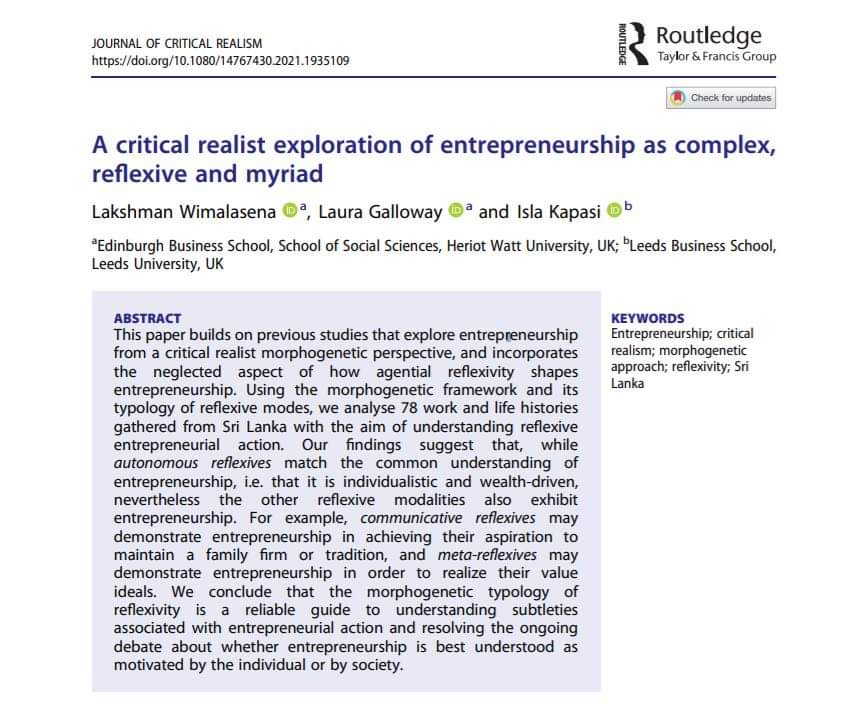 Dr. Lakshman Wimalasena Academic MCIPD (@lakshmanwimalas) on Twitter photo Our new article 'A Critical Realist Exploration of Entrepreneurship as Complex, Reflexive and Myriad' has just been published! Very pleased! With Prof. <a href="/LauraGallowayHW/">Laura Galloway</a> & Dr. <a href="/IslaKapasi/">Isla Kapasi</a>
tandfonline.com/eprint/4HBDFCD…
#CriticalRealism #Reflexivity #SriLanka #Entrepreneurship Our new article 'A Critical Realist Exploration of Entrepreneurship as Complex, Reflexive and Myriad' has just been published! Very pleased! With Prof. <a href="/LauraGallowayHW/">Laura Galloway</a> & Dr. <a href="/IslaKapasi/">Isla Kapasi</a>
tandfonline.com/eprint/4HBDFCD…
#CriticalRealism #Reflexivity #SriLanka #Entrepreneurship