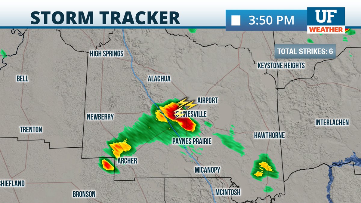 UFWeather's tweet photo. A cell is directly overhead #UFCampus. If you are outdoors please head inside as we are also seeing lightning with this cell. #flwx https://t.co/WnaEwsT8Il