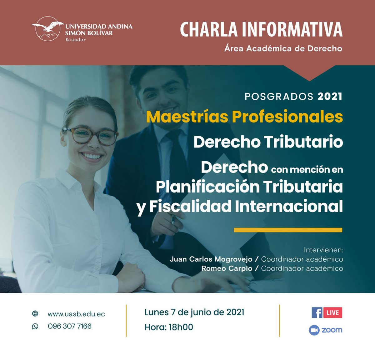 uasbecuador's tweet photo. 💯 #UASBEnVivo
📌 Acompáñanos en las charlas informativas de las maestrías en Derecho Tributario y en Derecho con mención en Planificación Tributaria y Fiscalidad Internacional. Te daremos los detalles para aplicar.

📆 7 de junio 
⏰ 18h00
Zomm Id: 84286111738
Acceso: 186354 https://t.co/z1BH4OJIpc