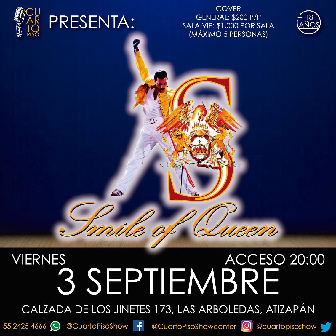 cuartopisoshow's tweet photo. El Viernes 3 de Septiembre arrancamos con toda la energía y el poder del Rock cuando se presente el Smile Of Queen con los mejores temas de Queen

Boletos en venta

#CuartoPiso #Showcenter #VIP #SmileOfQueen #Queen #Espectáculo #EstamosDeVuelta https://t.co/YhkVi5UWmn