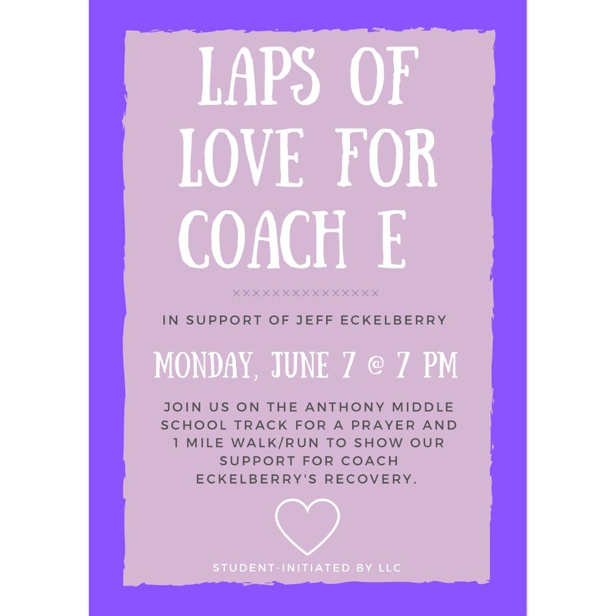 MHSMentorOnline's tweet photo. Come on out to run some laps for Cross Country coach Jeff Eckelberry at Anthony Middle School on June 7 at 7PM! 🏃‍♂️🙏🏃‍♀️ https://t.co/PoJQ4TfI3y